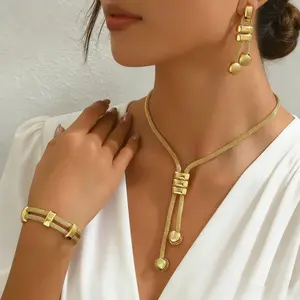 18K Electroplated Jewelry Set, Double Layer Necklace, Necklace Bracelet Earrings Set,Geometric Tassel Earrings and Woven Bracelet, Anti-allergy Fade Resistant Elegant Accessories, Daily Gift for Women, Valentine's Day Gifts, Complete Accessories Set