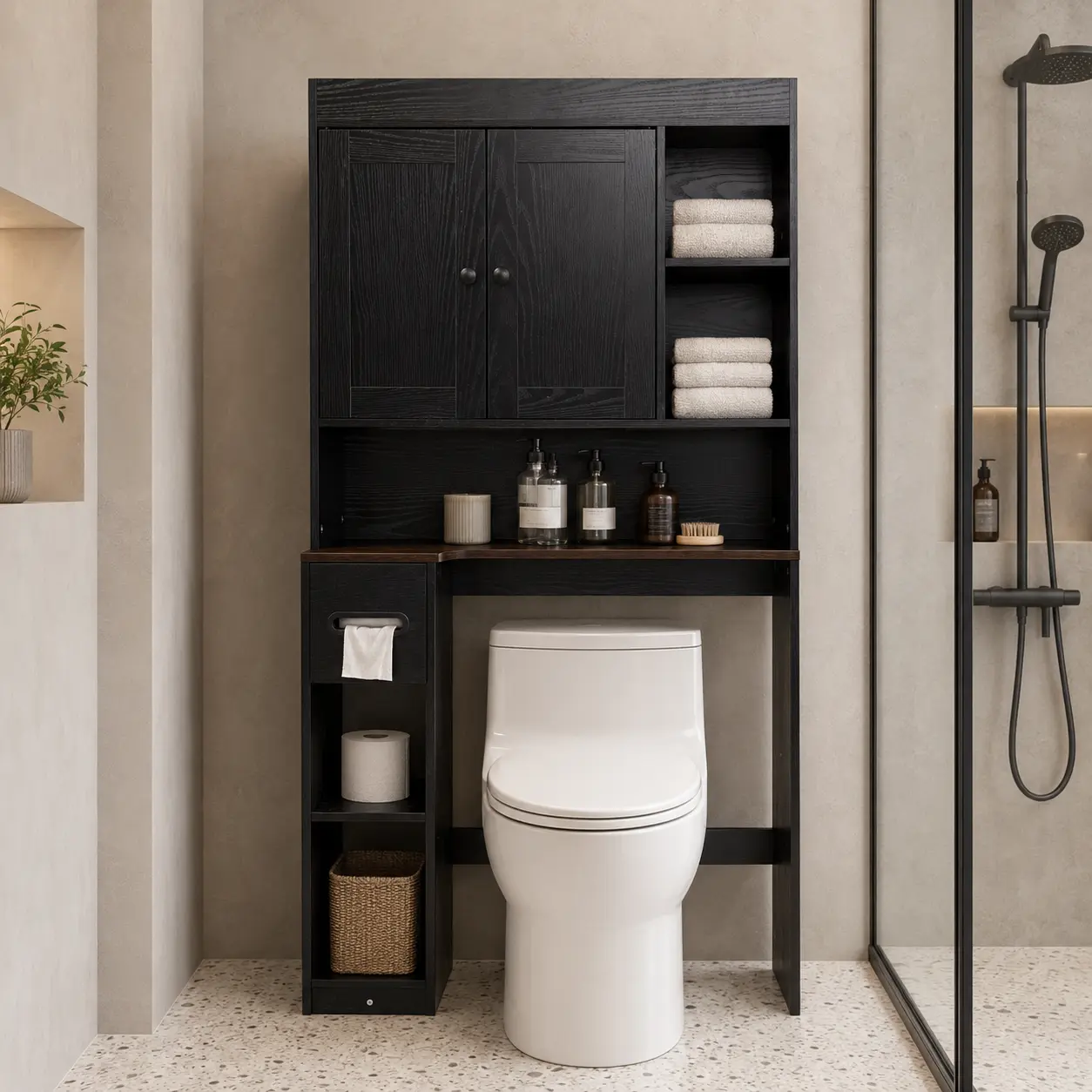 NIVISRE-Black Farmhouse Over-the-Toilet Storage Cabinet, Freestanding Bathroom Organizer with 2 Doors, Open Shelves and Toilet Paper Holder, Space-Saving Toilet Rack for Bathroom, Restroom and Laundry Room