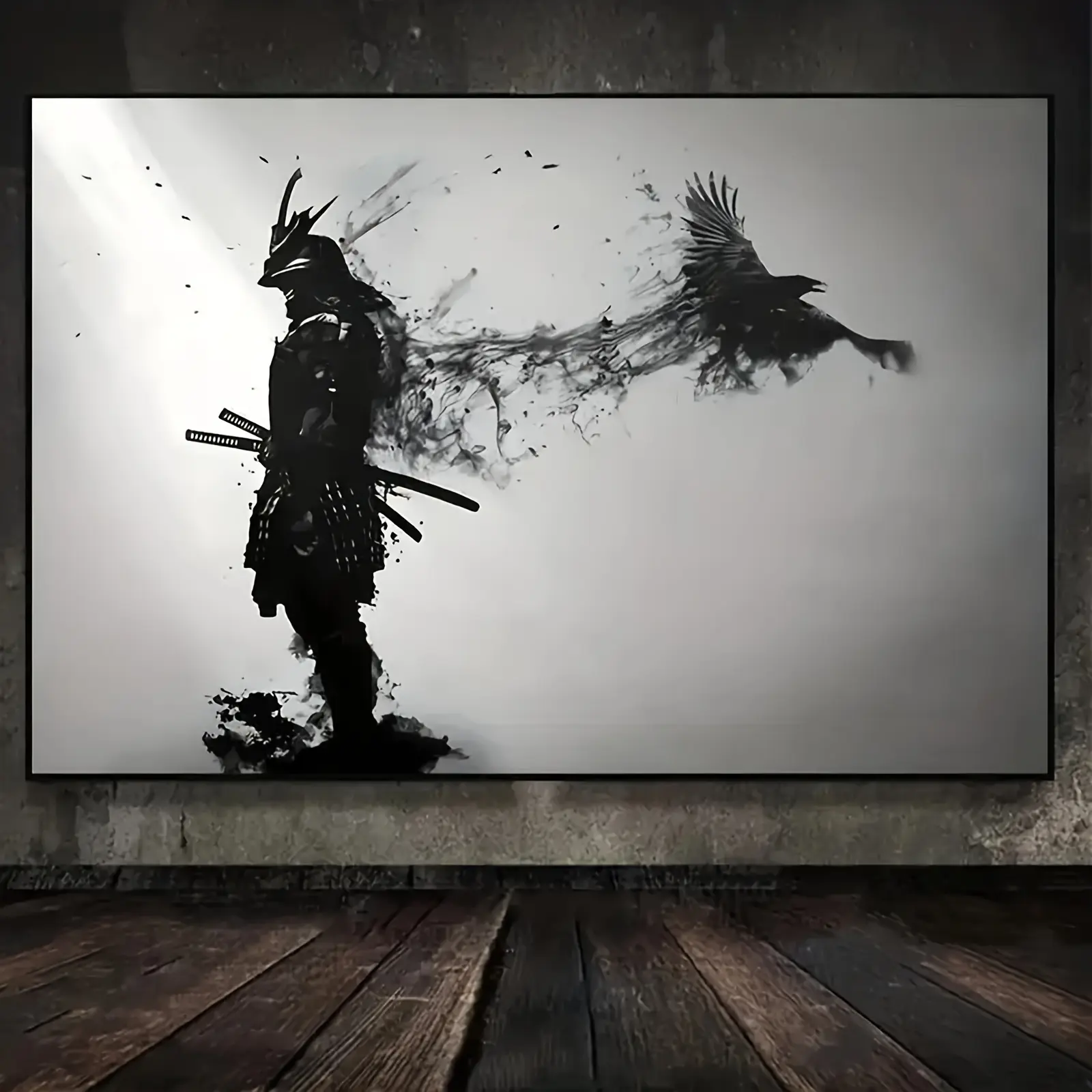 Framed Samurai & Crow Ink Canvas Wall Art Painting - 12x16in/20x30in Black-White Japanese Warrior Silhouette Print, Ready-to-Hang Minimalist Abstract Decorative Japan-Themed Room Decor for Living Room, Bedroom, Samurai Enthusiasts
