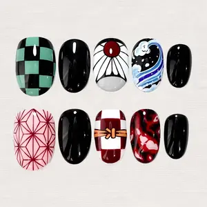 Anime Inspired Press On Nails Demon Design, Hand Painted KNY Japanese Nail Art, Custom Cosplay Cartoon Nails Set
