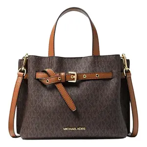 Women's Michael Kors MK Emilia Monogram Logo Coated Canvas Embellished Shoulder Bag - Acorn Brown PU Fashion Purse, Flap Crossbody Purse, Tote Satchel
