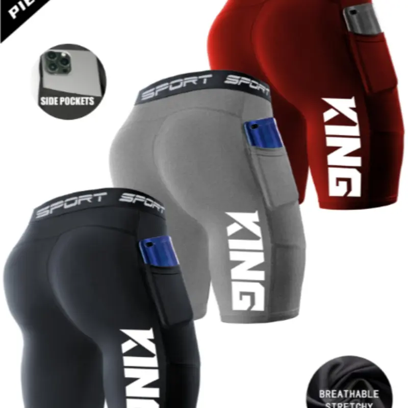 3-Pack Men's 'king' Print Sport Tight Fitted Shorts, Stretchy Sports Shorts, High Elasticity Polyester & Spandex, Quick-Dry Breathable, Pockets, Ideal for Basketball, Running, Compression Swimwear