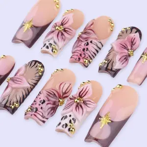 Spring Mocha Floral Press On Nails | 3D Flower & Gold Cross Fake Nails in Long Square | Handmade Nail Art for Everyday Elegance, Nail Art Kit Nail Box – FASTSHIPPING