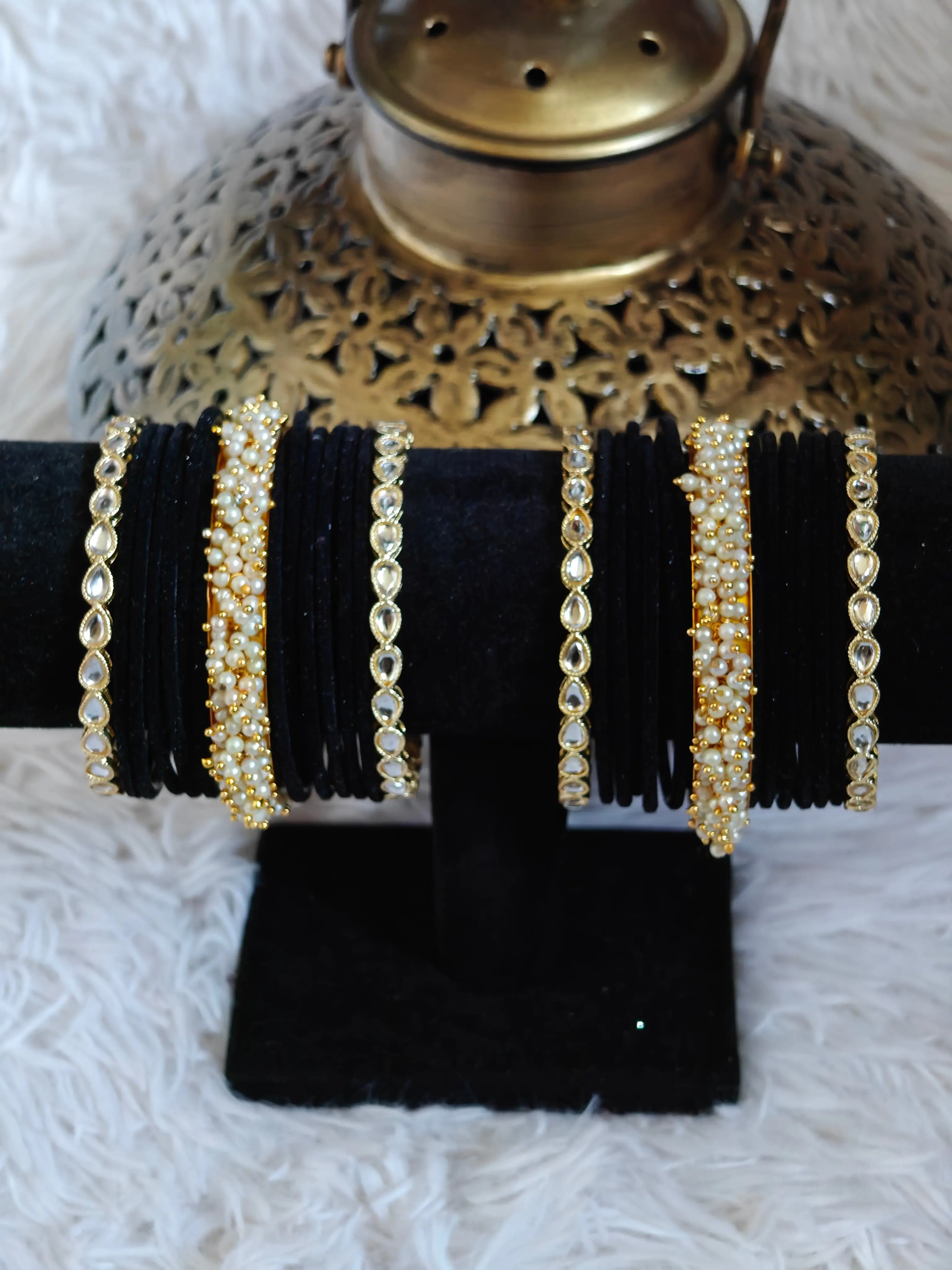 Kundan and Velvet Bangles Set Size 2.8 - Elegant Bangles in Burgundy and Silver Colors with Decorative Detailing