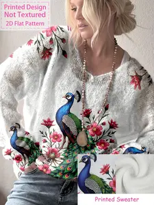 Women's V Neck Long Sleeve Knit Sweater, Peacock Floral Print Top, Vintage Elegant Style, Daily Versatile Outerwear