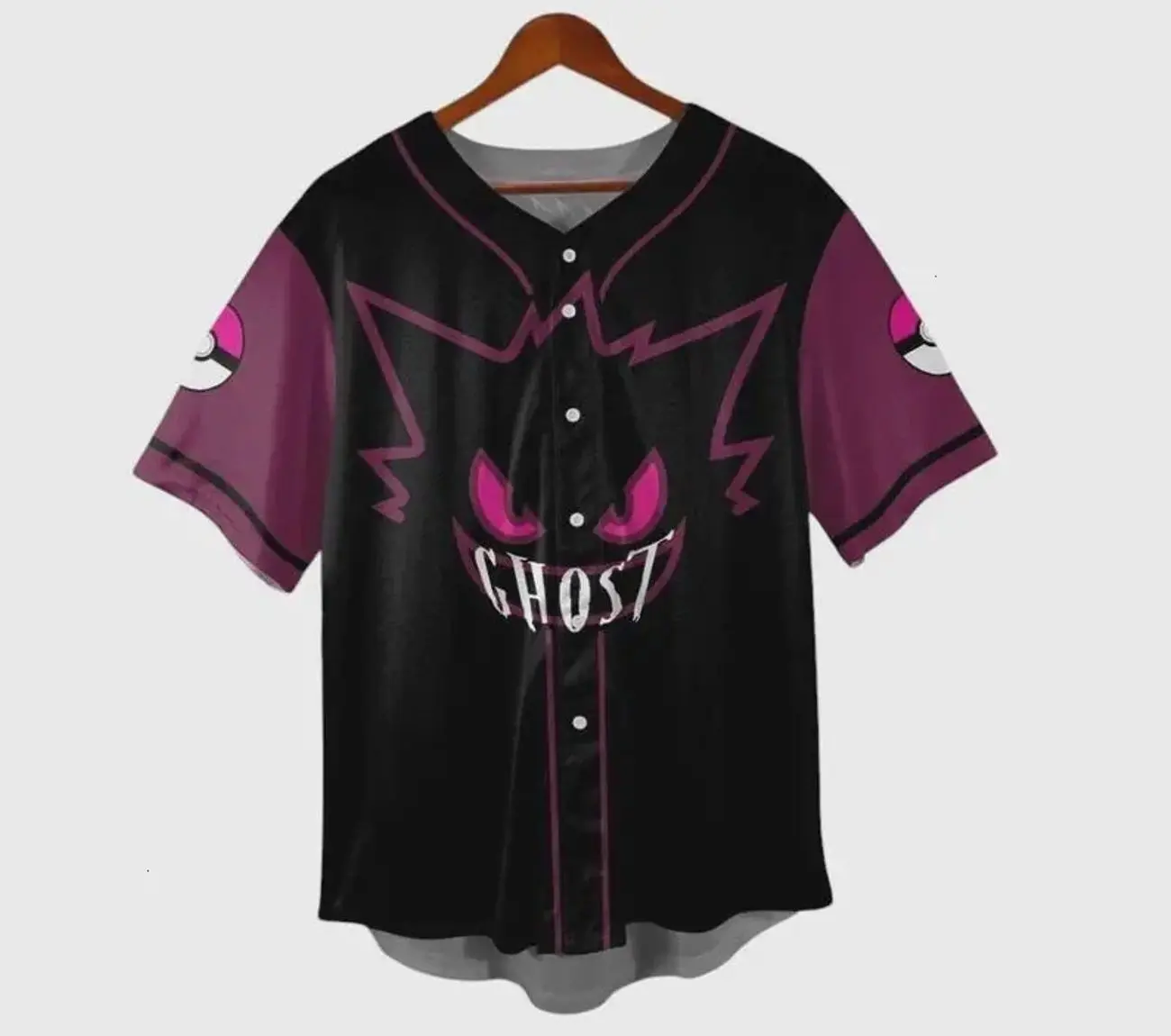 Gengar Baseball Jersey Shirt, Cute Gengar Anime Shirt, Classic Baseball Jersey, Button-Up Sport Shirt, Street Fashion Look 0H8