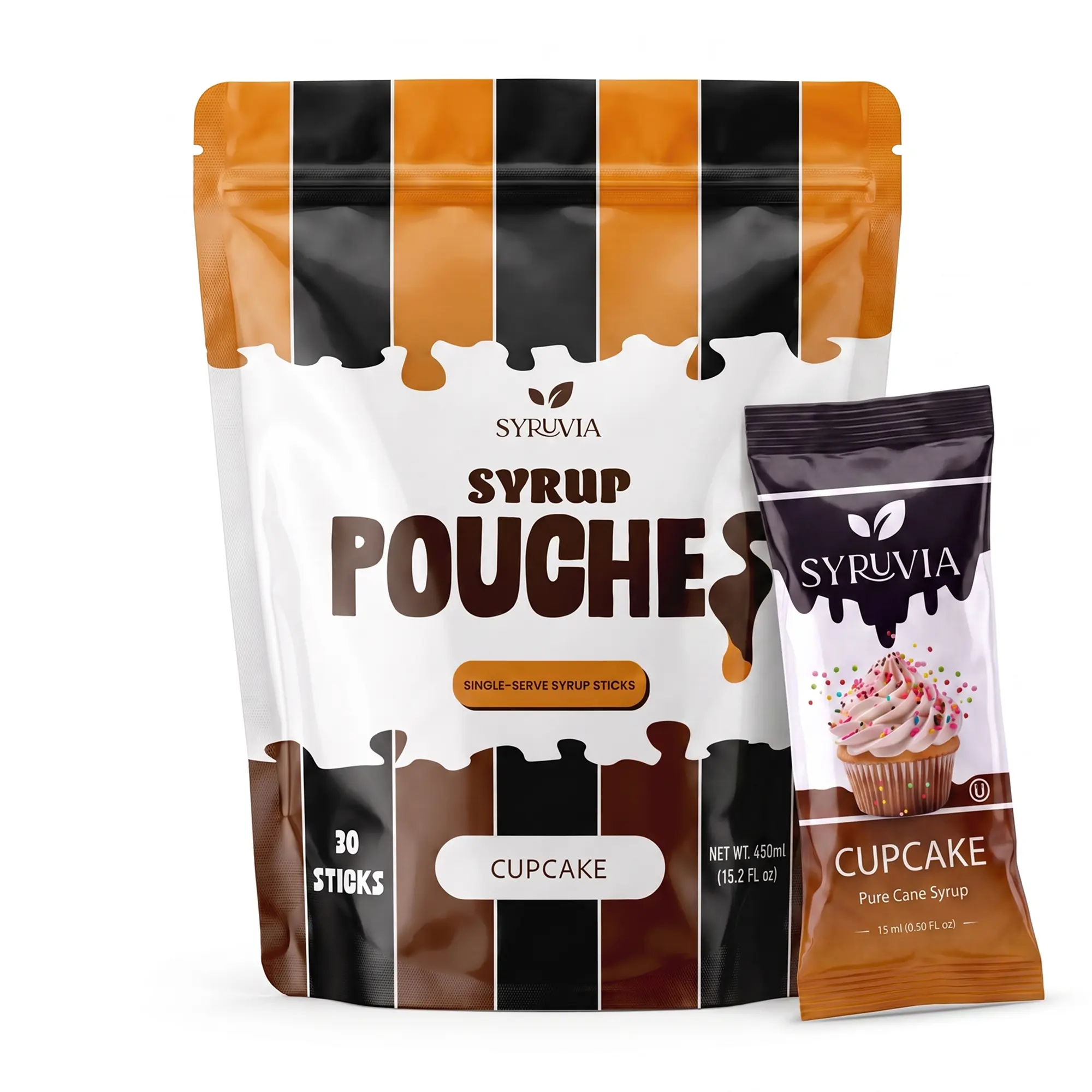 Syruvia Cupcake Syrup Pouches, Coffee Syrup Sticks for Coffee, Tea, Lattes & Desserts, 30 Count (15 mL Each)
