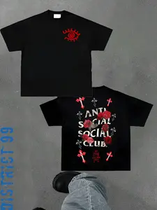 Men's Loose Fit Fashion Print T-Shirt, Rose and Cross Pattern, Casual Daily Wear, Unisex, Young College Street Style, Streetwear