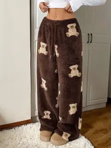 CovetEZ Women's Casual Cartoon Bear Pattern Drawstring Waist Teddy Fleece Long Pants, Autumn/Winter