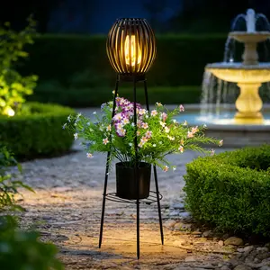 Solar Metal Flower Stand Garden Light, IP65 Outdoor Plant Rack Lantern for Patio Yard Porch Lawn Pathway Decor