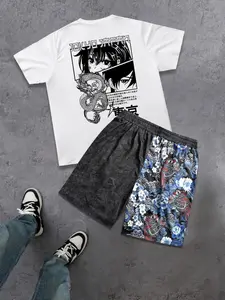 Two-Piece Set Men's Classic Anime Print Short Sleeve Tee & Shorts, Regular Fit Casual Round Neck T-shirt & Track Shorts, Men's Summer Clothes Set for Outdoor Menswear