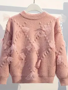 Girls' Thickened Winter Sweater, New Fashionable Mesh Patchwork Pullover, Stylish Knit Base Layer Top for Girls, Trendy Design, Knit Clothing Sweaters