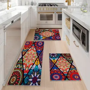 1/2/3PCS Bohemian Style Kitchen Mats, Geometric Retro Flower Pattern Pineapple Grid Print,Non-Slip Easy Clean Home Decor Mat for Kitchen, Bathroom, Living Room, Dining Room, Entryway, Laundry Room,  Bedroom