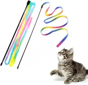 Interactive Cat Rainbow Wand Toys Soft Satin Fabric High Elastic Wand Colorful Ribbon Charmer for Most Cats and Kittens 2 Packs