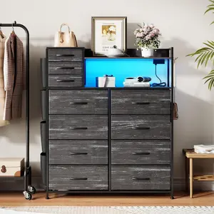 Black Fabric Storage Dresser with 8+3 Drawers, 4 Side Pockets, LED Lights, Charging Station, Hooks, Sideboard with Storage - Indoor Furniture for Bedroom, Living Room