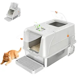 Stainless Steel Litter Box with Lid, High Sided Enclosed Metal Litter Box for Big Cats, Easy Cleaning Anti-Urine Leakage, Non-Sticky Cat Box, Front Entry Top Exit KittyBox,  Includes Litter Scoop &  Step