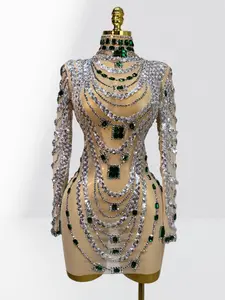 Green Gemstone Sexy See-through Sheer Short Dress Fashion Woman Birthday Party Dress Performance Costume