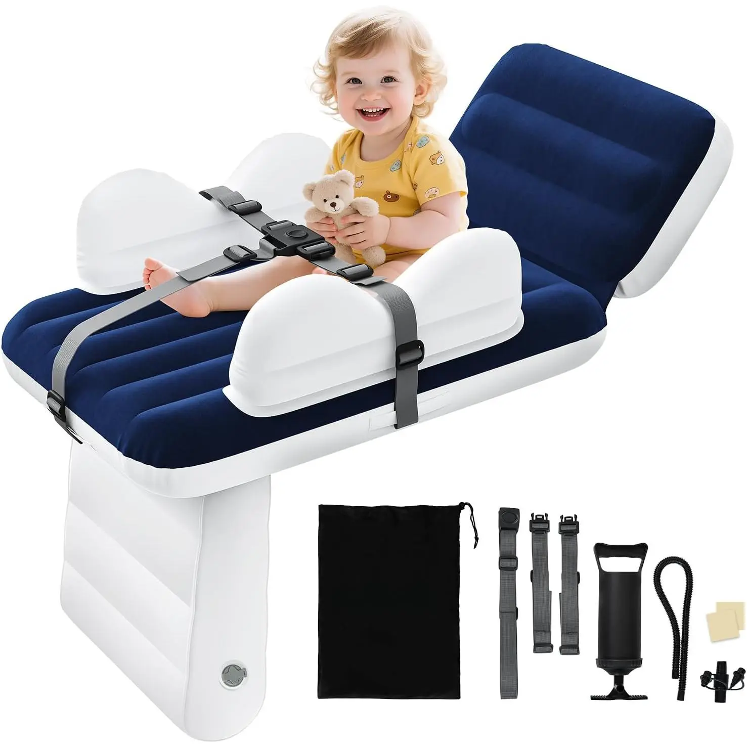 Toddler Portable Airbed for Airplane & Car Travel, Foldable Inflatable Seat Extender with Adjustable Pillow, Side Bumpers & Built-in Cup Holder, Blow Up Bed, Inflating Bed, Seat-Fit, Compact Folded, Fast Inflate, Soft Pvc, Easy-Clean Flocked Surface, Foot