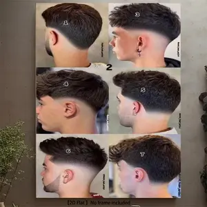 A framed canvas print showcasing men's hairstyles - modern barber chart wall art, including voluminous styles, comb designs, and gradient patterns - suitable for decorating Room, beauty salons and offices Artistic