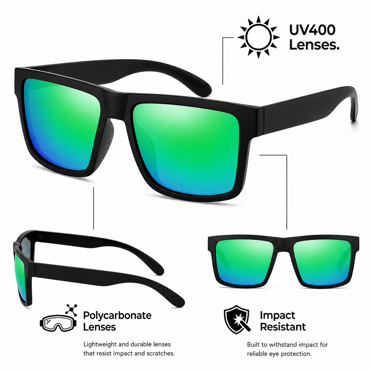 Square Frame Bike Glasses, Outdoor Cycling Accessories with Green-Blue Mirrored TAC UV-Protection Lenses, Lightweight Unisex PC Full Rim Sunglasses for Drive-Ready View & All-Season Adult Use