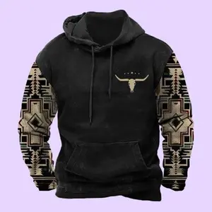 Mens Cowboy Sweatshirt Vintage Tribal Aztec Printed Plus Size Western Jackets for Men Long Sleeve Pullover Hoodie Menswear Stylish