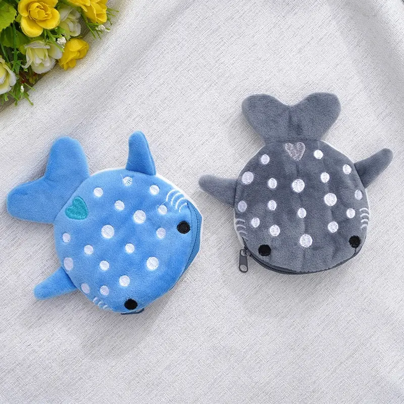 New Cartoon Shark Plush Coin Purse Cute Coin Holder with Keyring Data Cable Organiser Zippered Pouch Small Gift Fish Wallet Purse Cute Wallets Kawaii Wallet