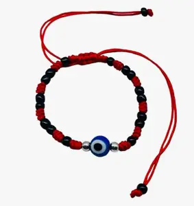 Evil Eye Handmade Bracelet with Red Beads, Black Beads, and Blue Center Bead, Includes Red Cord