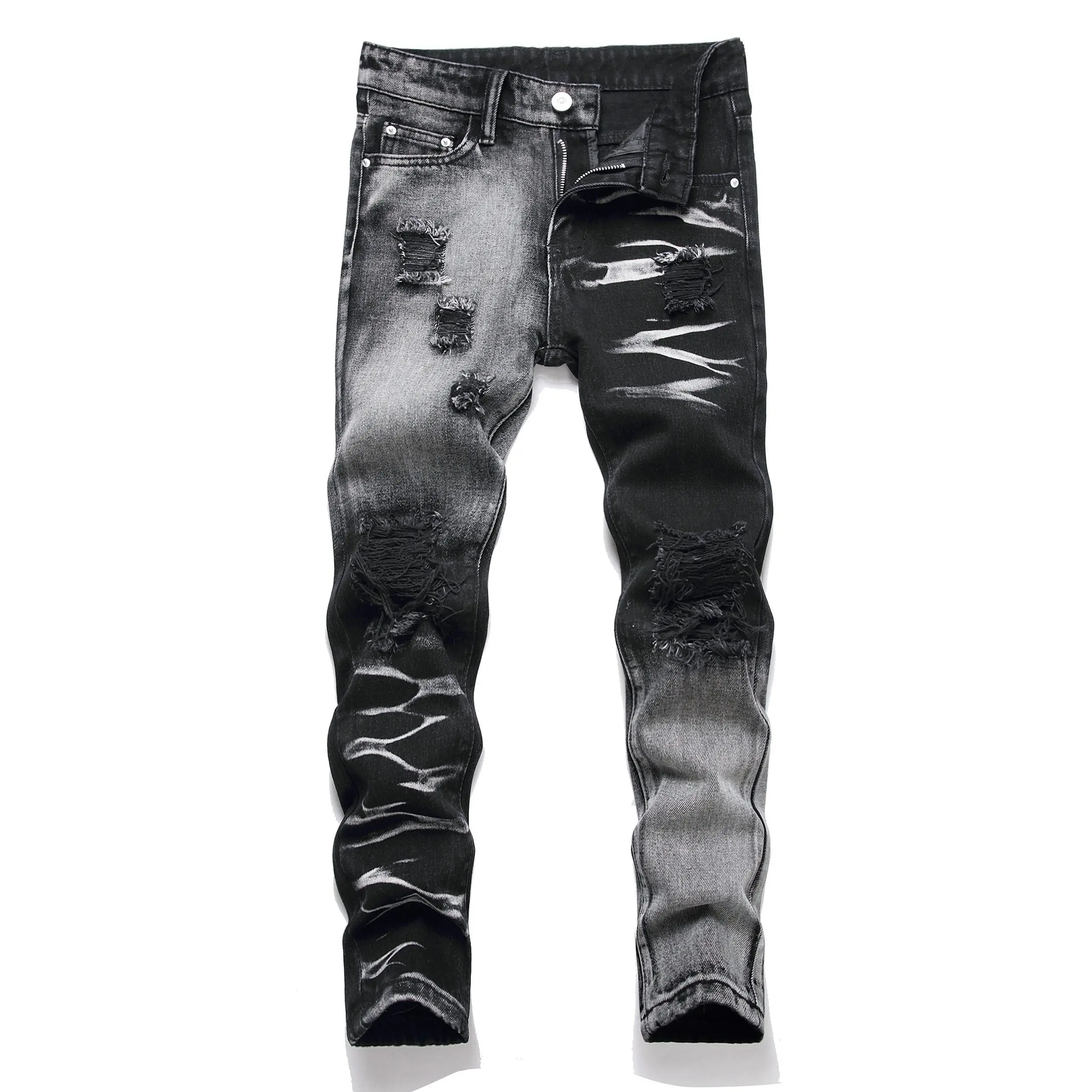 2025 Boys' Skinny Fit Ripped Jeans - All Season Streetwear with Distressed Look, Hole Details, Cool Style for Kids, Ripped Effect, Cotton Woven, 14Y, 14-15 Years Old, All Seasons, Denim, Mid Waist, Full Length, Jeans Pants, Child-Sized Boys' Jeans