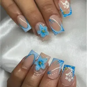Short square blue French style press on nails with 3D gold beads, elegant floral and leopard print designs, blue color block edging, cold beauty style removable false nails with jelly glue and nail file