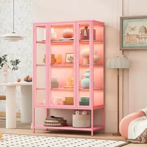 67.25'' Tall Iron Display Cabinet with Glass Door and LED Lights Steel Curio Cabinet for Collectibles Figures Trophies 3-Sided Glass Display Case for Home Office Study Room Stores Playroom - Pink
