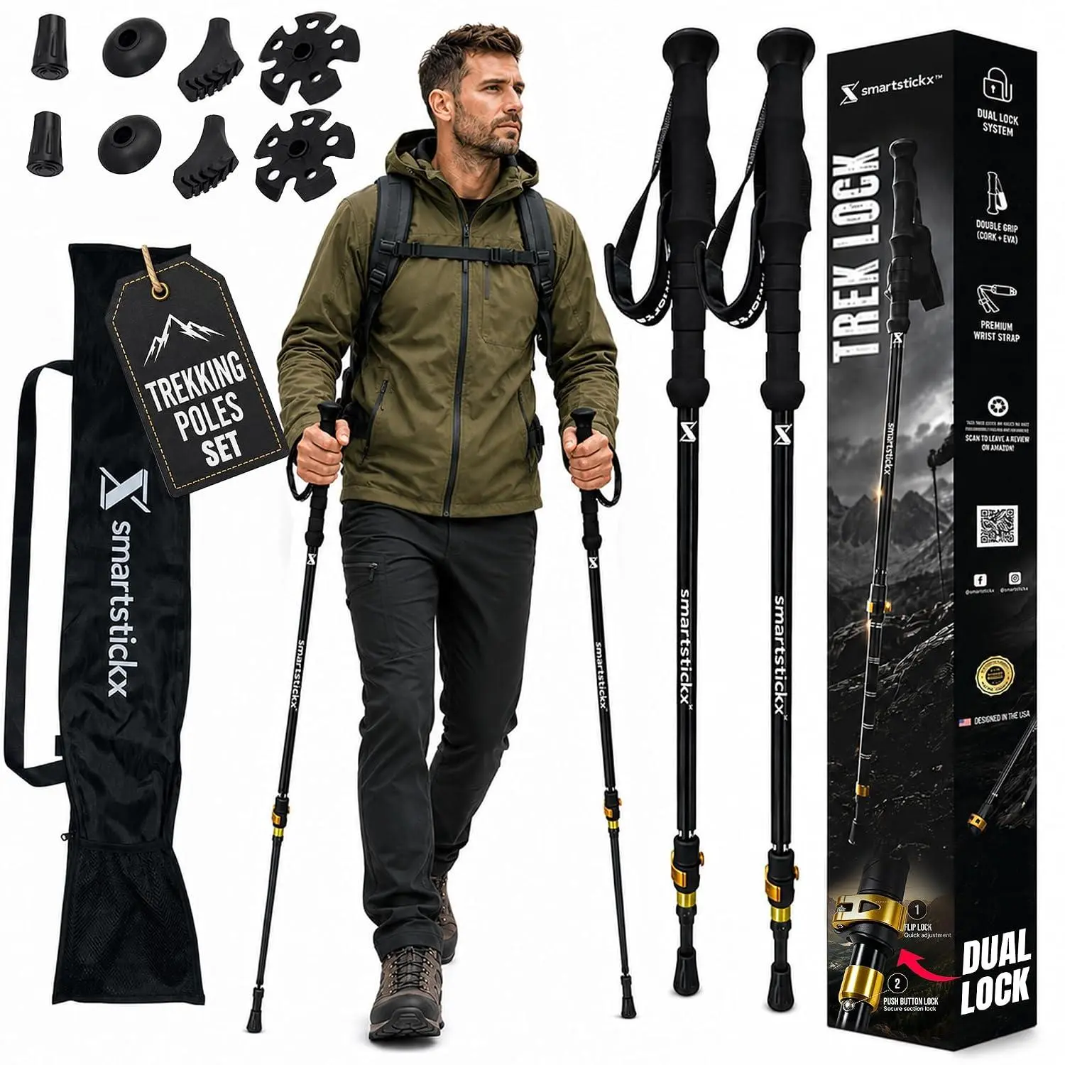 SmartstickX Trek Lock Trekking Poles, Set of 2 - Collapsible Hiking Poles with Dual Lock, Cork & EVA Grip, 27"-55" Adjustable, 7075 Aluminum, Snow & Mud Baskets, Carry Bag