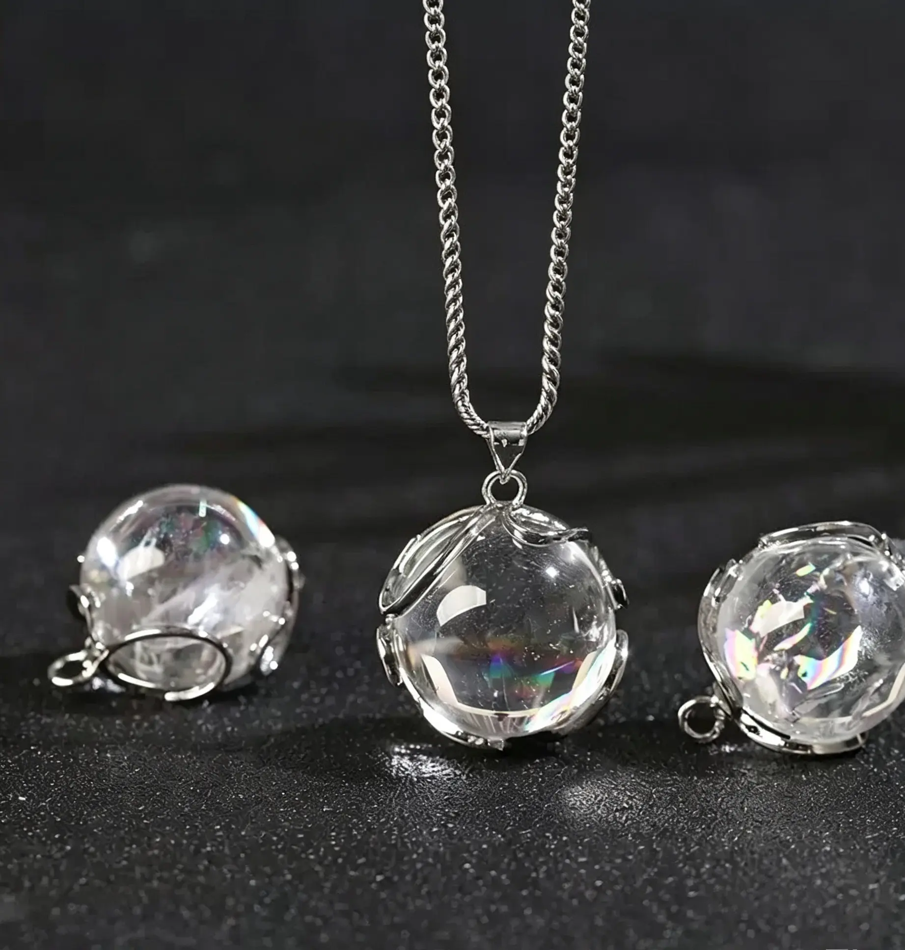Azeztulite Quartz Sphere Pendant Necklace, Reiki Healing Clear Crystal Cage Jewelry Gift, Iridescent Clear Crystal Silver Tone Chain