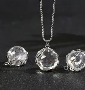 Azeztulite Quartz Sphere Pendant Necklace, Reiki Healing Clear Crystal Cage Jewelry Gift, Iridescent Clear Crystal Silver Tone Chain