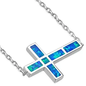 925 Sterling Silver Blue Simulated Opal Sideways Cross Pendant Necklace