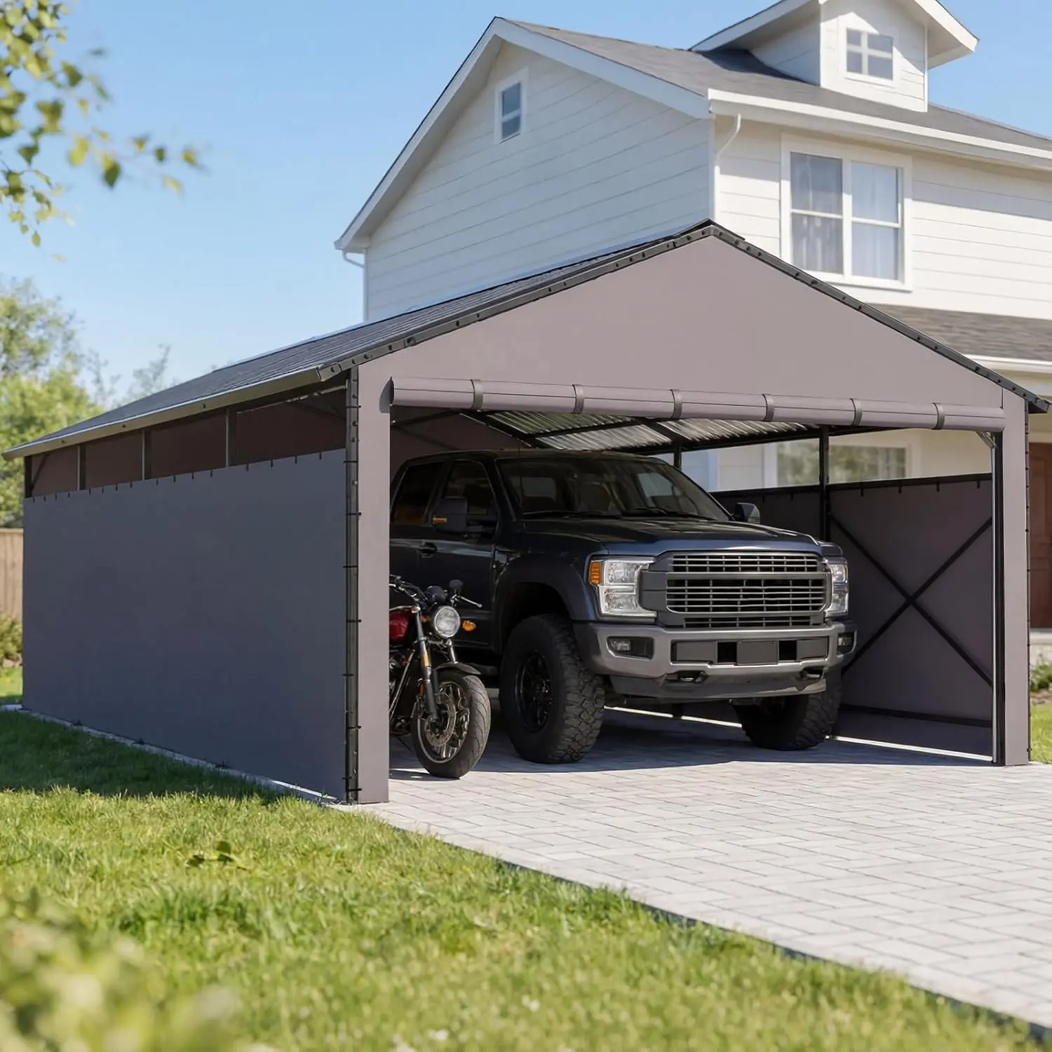 【JOYVELLEHEIM】11x21 FT Sturdy Stainless Steel Carport, Heavy Duty Frame Garage Shelter with Sloped Ventilated Roof, 3-Layer 201D Oxford Fabric Sidewalls, UV-Water-Snow-Wind Resistant Outdoor Canopy for Cars/Trucks, Sun & Protection Patio Umbrella Dad Gift