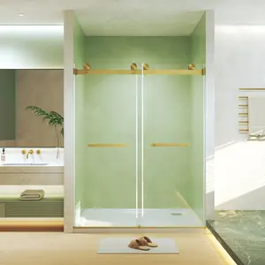 Frameless Double Sliding  Shower Door 56-60 "W x 74" H, 5/16 "(8mm) Tempered Glass, Explosion Proof Film, Stainless Steel Handle, Square Tube Track, Brushed Gold