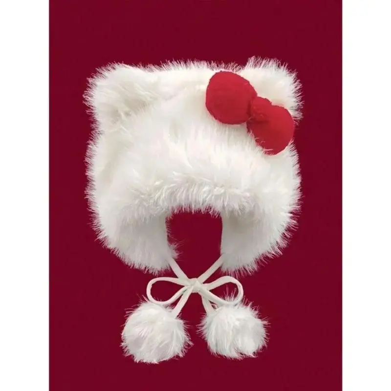 2026 New Arrival Cute Cat Ear Acrylic Plush Hat - 1 Size, Pom Pom Decor, Bowknot Design, Soft Loose Fit Unique Hat, Warm Fall Winter Sports & Outdoor Accessory, Women's Whimsical Gift for Teen Girls, Soft Hat