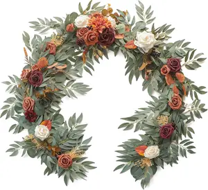 6ft Artificial Eucalyptus Garland with Flowers Fake Greenery Burnt Orange Faux Floral Vine Garland for Table Decor Wedding Centerpieces Bridal Shower Party Decorations