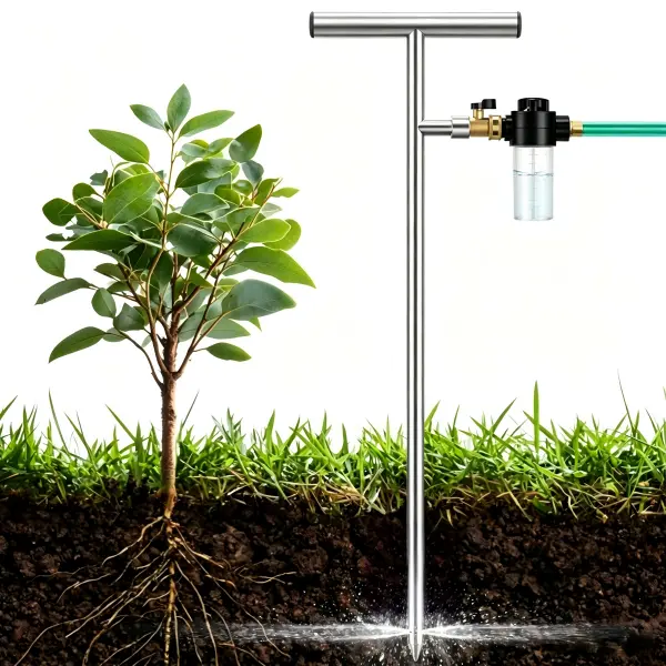 Stainless Steel Deep Root Tree Watering Spike with Fertilizer Dispenser Bottle, T-Handle Root Feeder Irrigation Wand with Brass Shut Off Valve, Deep Watering Stake for Outdoor Garden, Orchard, Shrubs, Fruit Trees & Bushes