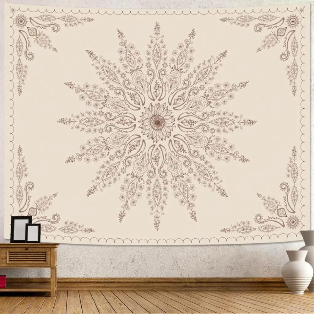Boho Floral Mandala Tapestry for Bedroom Aesthetic Bohemian Flower Wall Tapestry Beige Hippie Indian Large Tapestries Wall Hangg for Livg Room Dorm Deco Decor Landscape Retro Swiss
