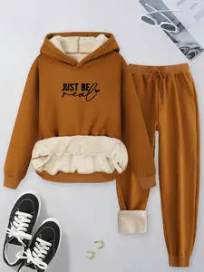 Women's Plus Size 2-Piece Set, Lamb Fleece Fabric Warm Simple Design, Trendy Letter Print Hoodie & Pants, Casual Fall Winter