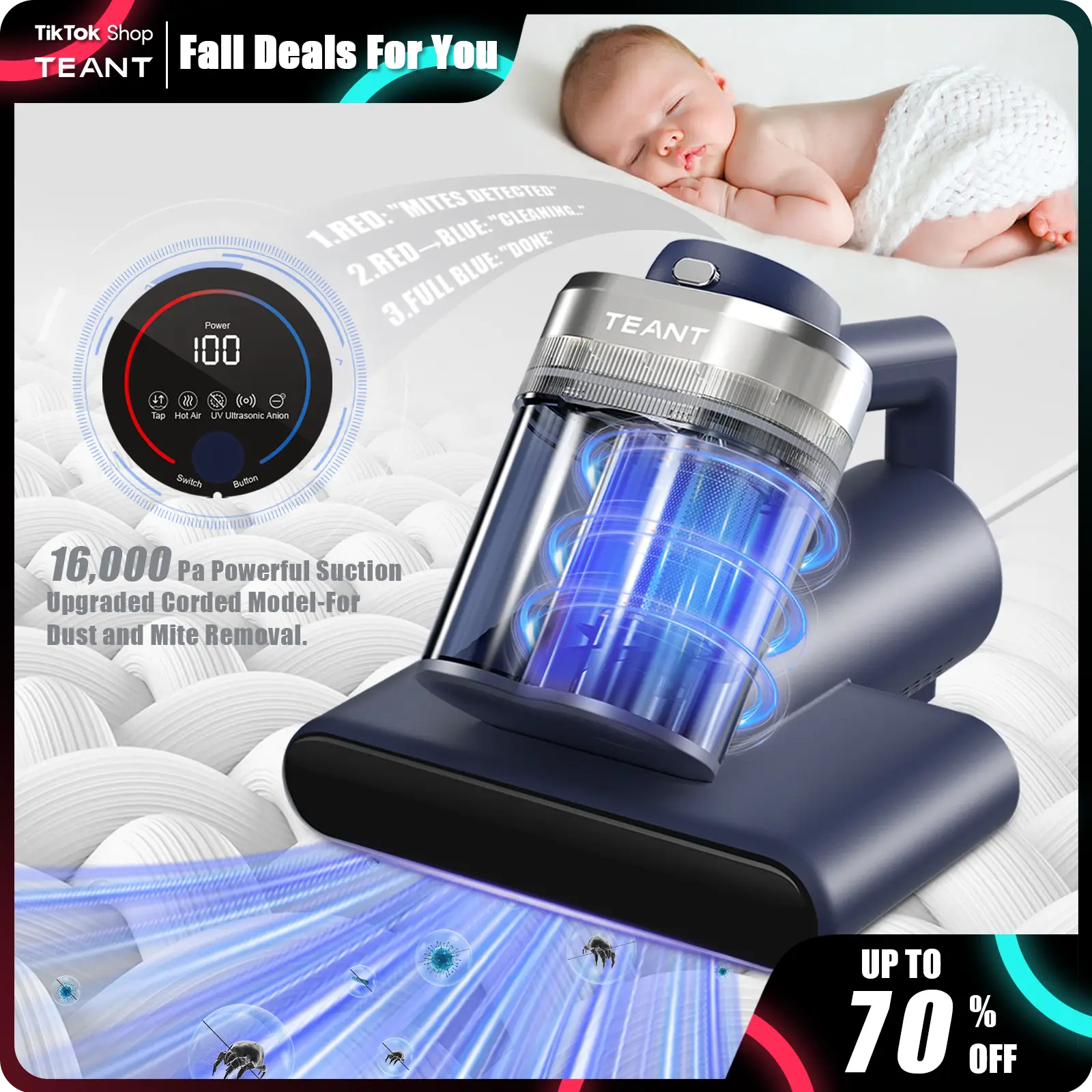 【2025 Teant】 Mattress Vacuum Cleaner for Dust Mites Removal, Bed Vacuum with UV-C Light & 149°F Hot Air & Aroma Tablet & LED Display, 16Kpa Powerful S