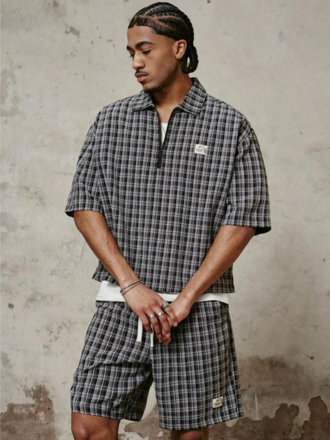 Men's Plaid Quarter Zip 2-Piece Set | Y2K Streetwear Casual Shirt & Shorts Outfit