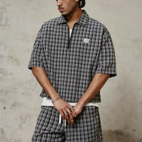 Men's 2-Piece Plaid Quarter-Zip Menswear Style Set - Casual Shirt, Shorts, Male Clothing for Daily Wear Streetwear