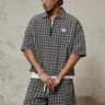 Men's 2-Piece Plaid Quarter-Zip Menswear Style Set - Casual Shirt, Shorts, Male Clothing for Daily Wear Streetwear