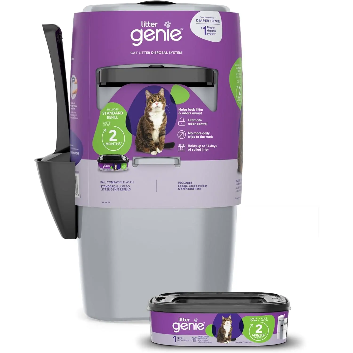Litter Genie Standard Pail (Silver) | Cat Litter Box Waste Disposal System for Odor Control | Includes 1 Square Refill Bag