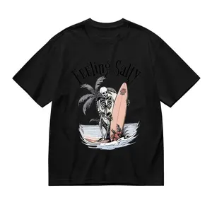 "Feeling Salty" Skeleton Surfer T-Shirt, Beach Coastal Cotton Tee, Tropical Ocean Casual Top for Men Women