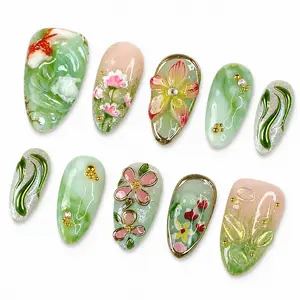 Household daily necessities 30Pcs Green Press on Nails Medium Almond Fake Nails 3D Koi Fish Flower False Nails with Gilding Line Design Gold Gems Glue on Nail Glitter Summer Artificial Stick on Nails Full Cover for Women