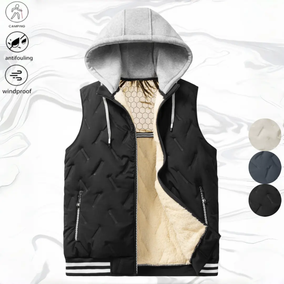 Men’s sleeveless vest with detachable hood and heat-sealed seams; a mature casual commuter top that is simple yet sophisticated and solidly built. Its durable heat-seal construction keeps it securely fastened, with an inner padding layer for long-lasting