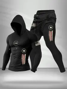 Men's Two-Piece Sports Set, Athletic Sports Clothing, Hooded Graphic Sweatshirt & Long Pants, Casual Style, Comfortable Stretch Fabric, Spring & Fall Wear